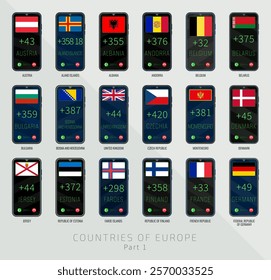 Set of vector illustrations of international dialing country codes and flags of the European Union countries. Part 1.
