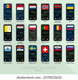 Set of vector illustrations of international dialing country codes and flags of the European Union countries. Part 3.
