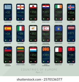 Set of vector illustrations of international dialing country codes and flags of the European Union countries. Part 2.
