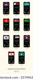 Set of vector illustrations of international dialing country codes and flags of Asian countries. Part 3.
