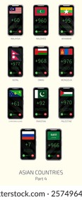 Set of vector illustrations of international dialing country codes and flags of Asian countries. Part 4.
