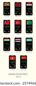 Set of vector illustrations of international dialing country codes and flags of Asian countries. Part 5.
