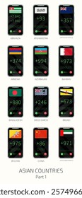 Set of vector illustrations of international dialing country codes and flags of Asian countries. Part 1.
