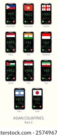 Set of vector illustrations of international dialing country codes and flags of Asian countries. Part 2.
