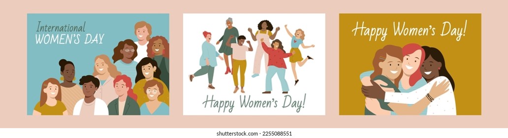 Set of vector illustrations for International Women's Day. Multiethnic women of different body shapes and ages. Collection of templates for cards, banners.