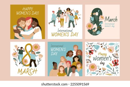 Set of vector illustrations for International Women's Day. Multiethnic women of different body shapes and ages. Modern collection of square templates.