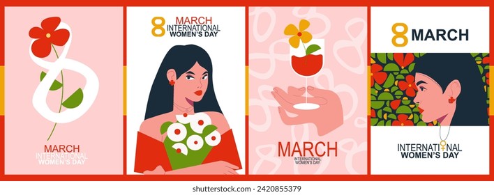 Set of vector illustrations for International Women's Day. Vector illustration in trendy cartoon flat style.