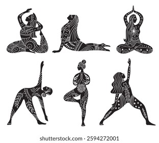 Set of vector illustrations for International Yoga Day. Feminine figure in a flat style. Woman doing asana, surrounded by organic shapes. Black figure Isolated on white background