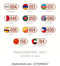 Set of vector illustrations of  ISO 3166 1 numeric and flags of Asian countries. Part 1.
