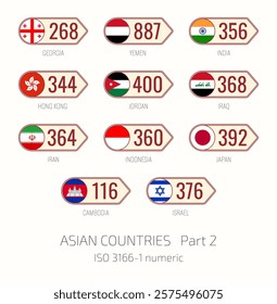 Set of vector illustrations of  ISO 3166 1 numeric and flags of Asian countries. Part 2.
