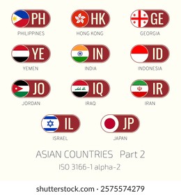 Set of vector illustrations of ISO 3166 1 alpha 2 and flags of Asian countries. Part 2.
