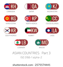 Set of vector illustrations of ISO 3166 1 alpha 2 and flags of Asian countries. Part 3.
