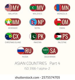 Set of vector illustrations of ISO 3166 1 alpha 2 and flags of Asian countries. Part 4.
