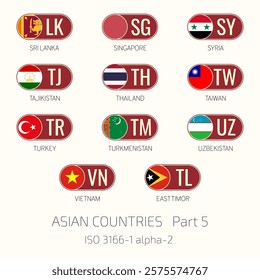 Set of vector illustrations of ISO 3166 1 alpha 2 and flags of Asian countries. Part 5.
