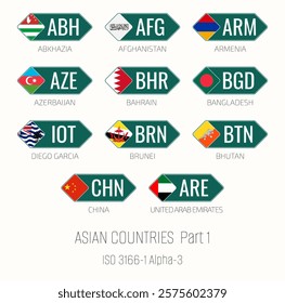 Set of vector illustrations of ISO 3166 1 alpha 3 and flags of Asian countries. Part 1.
