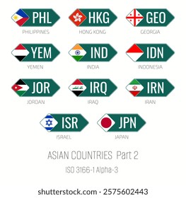 Set of vector illustrations of ISO 3166 1 alpha 3 and flags of Asian countries. Part 2.
