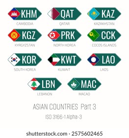 Set of vector illustrations of ISO 3166 1 alpha 3 and flags of Asian countries. Part 3.
