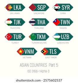 Set of vector illustrations of ISO 3166 1 alpha 3 and flags of Asian countries. Part 5.
