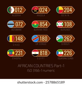 Set of vector illustrations of  ISO 3166 1 numeric and flags of African countries. Part 1.
