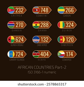 Set of vector illustrations of  ISO 3166 1 numeric and flags of African countries. Part 2.
