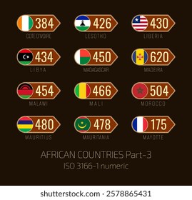 Set of vector illustrations of  ISO 3166 1 numeric and flags of African countries. Part 3.
