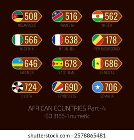 Set of vector illustrations of  ISO 3166 1 numeric and flags of African countries. Part 4.
