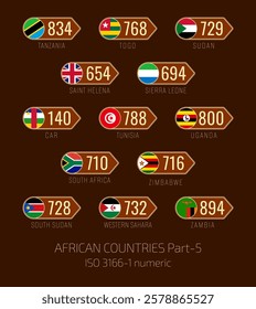 Set of vector illustrations of  ISO 3166 1 numeric and flags of African countries. Part 5.
