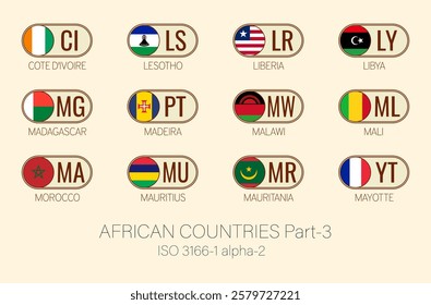 Set of vector illustrations of  ISO 3166 1 alpha 2 and flags of African countries. Part 3.
