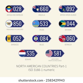 Set of vector illustrations of ISO 3166 1 numeric and flags of NORTH AMERICAN COUNTRIES . Part 1.
