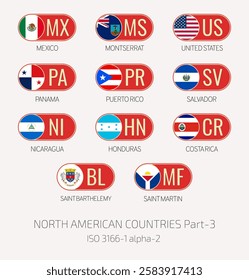 Set of vector illustrations of ISO 3166 1 alpha 2 and flags of NORTH AMERICAN COUNTRIES . Part 3.
