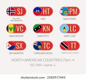 Set of vector illustrations of ISO 3166 1 alpha 2 and flags of NORTH AMERICAN COUNTRIES . Part 4.
