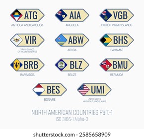 Set of vector illustrations of ISO 3166 1 alpha 3 and flags of NORTH AMERICAN COUNTRIES . Part 1.
