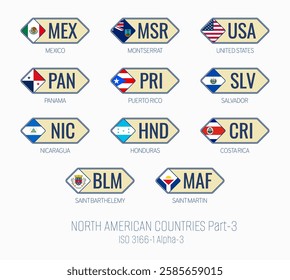 Set of vector illustrations of ISO 3166 1 alpha 3 and flags of NORTH AMERICAN COUNTRIES . Part 3.
