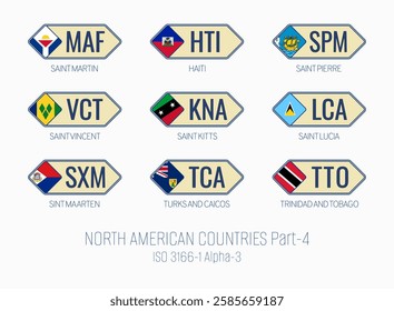 Set of vector illustrations of ISO 3166 1 alpha 3 and flags of NORTH AMERICAN COUNTRIES . Part 4.
