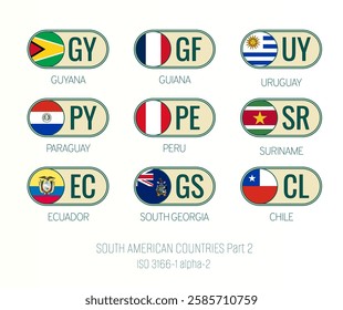 Set of vector illustrations of ISO 3166 1 alpha 2 and flags of SOUTH AMERICAN COUNTRIES . Part 2.
