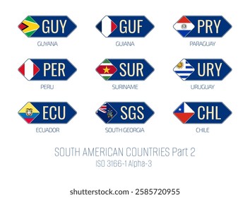 Set of vector illustrations of ISO 3166 1 alpha 3 and flags of SOUTH AMERICAN COUNTRIES . Part 2.
