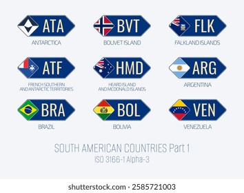 Set of vector illustrations of ISO 3166 1 alpha 3 and flags of SOUTH AMERICAN COUNTRIES . Part 1.
