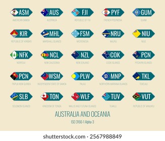 Set of vector illustrations of ISO 3166-1 alpha-3 and flags of the countries of Australia and Oceania.
