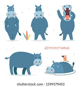 Set of vector illustrations of isolated cartoon characters. Cute hippo. Baby stickers for design.
