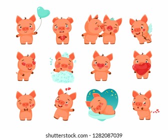 Set of Vector Illustrations - isolated Emoji character cartoon piggy in love. 
Stickers emoticons with different emotions for info graphic,  animation, websites, e-mails, comic, application, e-cards