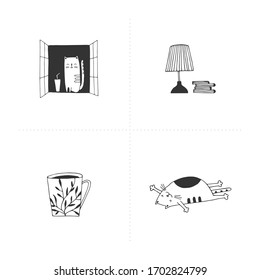 Set of vector illustrations. Isolated objects. Rest at home. A positive way of living. Funny cat character.
