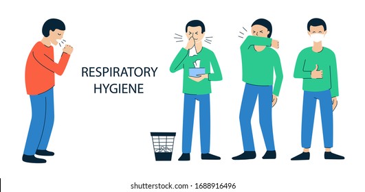 Set of vector illustrations isolated on white. Poster, brochure design concept. Coughing, sneezing people. Man covering mouth, nose with bent elbow. Disposable napkins. Face mask. Respiratory hygiene