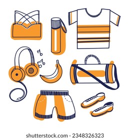 Set of vector illustrations isolated on white background. Sportswear, water bottle, banana, luggage bag, headphones, sports shoes. Used orange and blue colors. Suitable for printing on fabric, paper.
