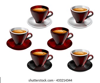 Set of vector illustrations of isolated red coffee cup on a saucer filled with black coffee and tasty foam cream. Perfect for pack, print design, poster, menu, web banner, advertising and more