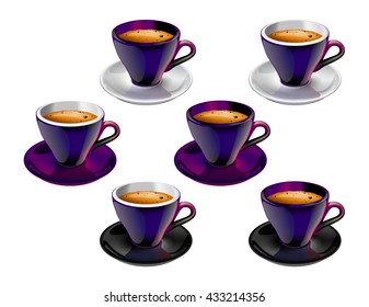 Set of vector illustrations of isolated ultraviolet coffee cup on a saucer filled with black coffee and tasty foam cream. Perfect for pack, print design, poster, menu, web banner, advertising and more