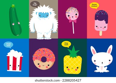 Set of vector illustrations in japanese kawaii style, colorful, cute, ice cream, sweets, fruits, popsicle, popcorn, donut, zucchini, yeti, pineapple, rabbit