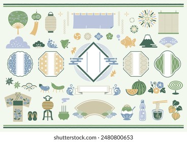 Set of vector illustrations of Japanese pattern frames and Japanese style summer