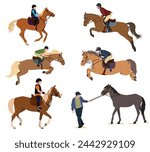 a set of vector illustrations of jockeys on horseback. The theme of equestrian sports, training and competitions. Isolated on a white background