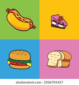 Set of vector illustrations of junk food consisting of hamburgers, hot dogs, cakes, and bread, by nara senja