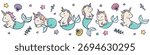 A set of vector illustrations in kawaii style. Cute white unicorns with fish tails, mermaids, seashells, and stars. 